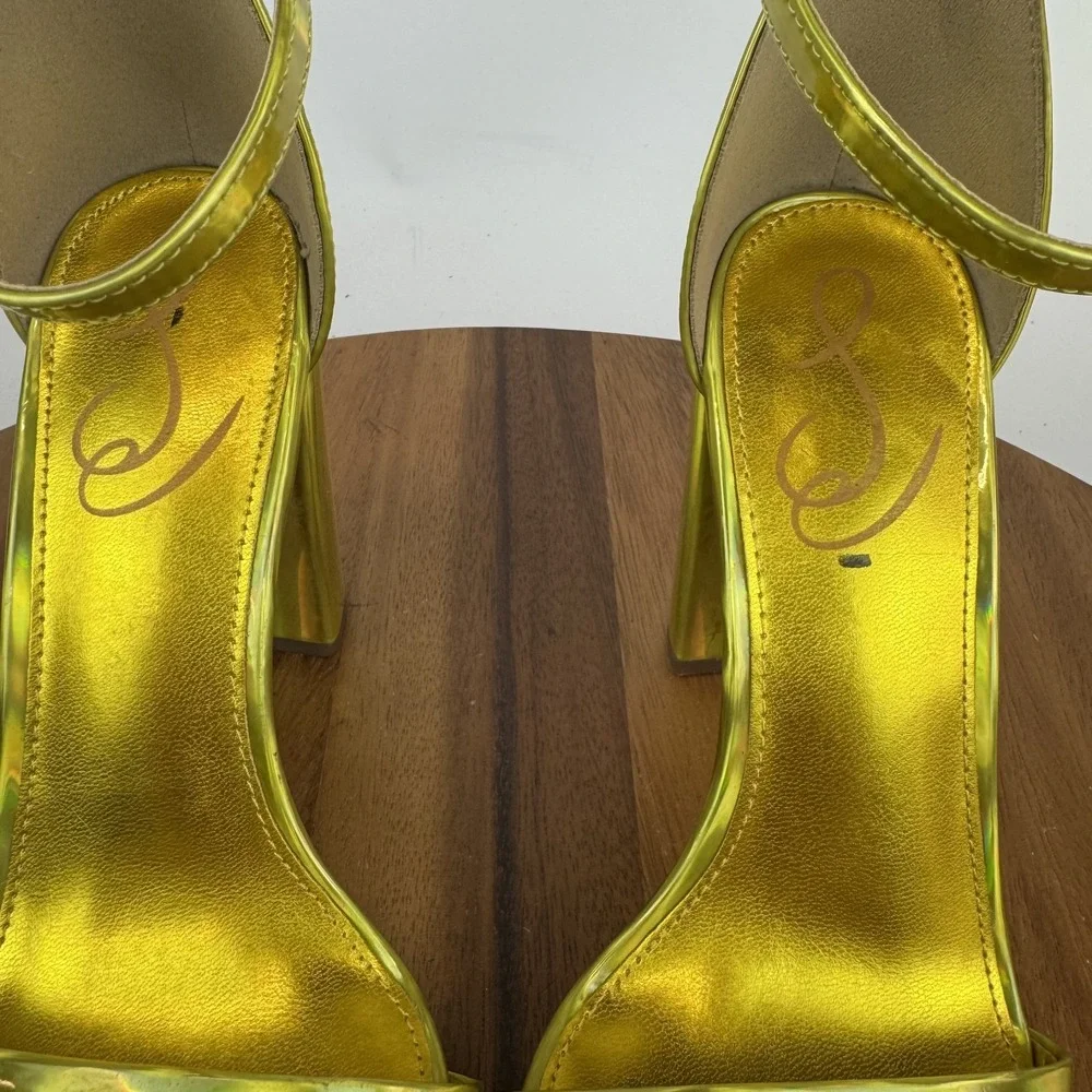 New Womens Sam Edelman Yaro Yellow Iridescent Block Heels Sandals‎ Size 7 M NWOB
